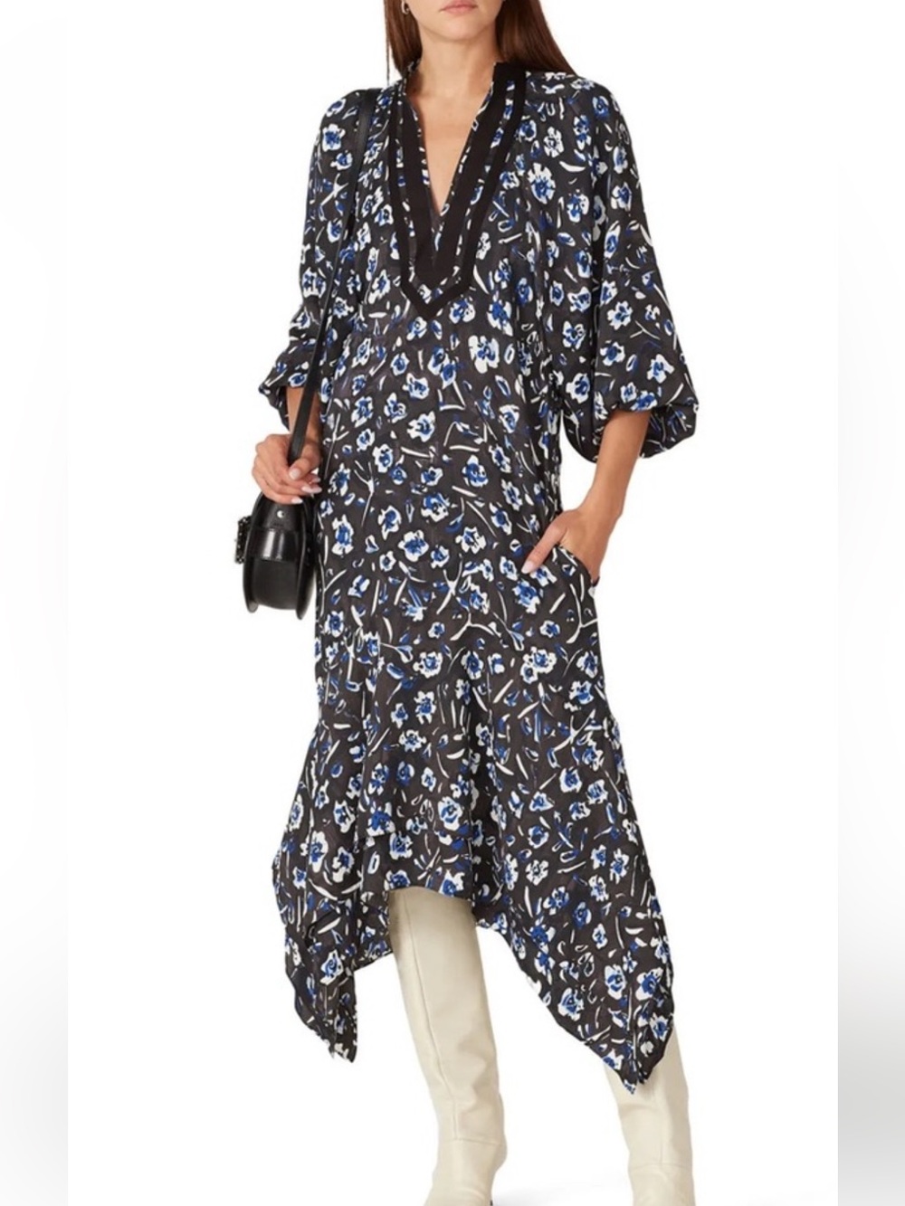 Tory Burch black and blue floral puff sleeve midi handkerchief hem dress - Small
